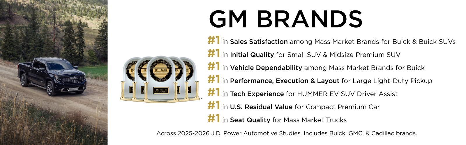 J.D. Power finds GM Brands: #1 in Sales Satisfaction among Mass Market Brands for Buick & Buick SUVs. #1 in Initial Quality for Small SUV & Midsize Premium SUV. #1 in Vehicle Dependability among Mass Market Brands for Buick. #1 in Performance, Execution & Layout for Large Light-Duty Pickup. #1 in Tech Experience for HUMMER EV SUV Driver Assist. #1 in U.S. Residual Value for Compact Premium Car. #1 in Seat Quality for Mass Market Trucks. Across 2025-2026 J.D. Power Automotive Studies. Includes Buick, GMC, & Cadillac brands.